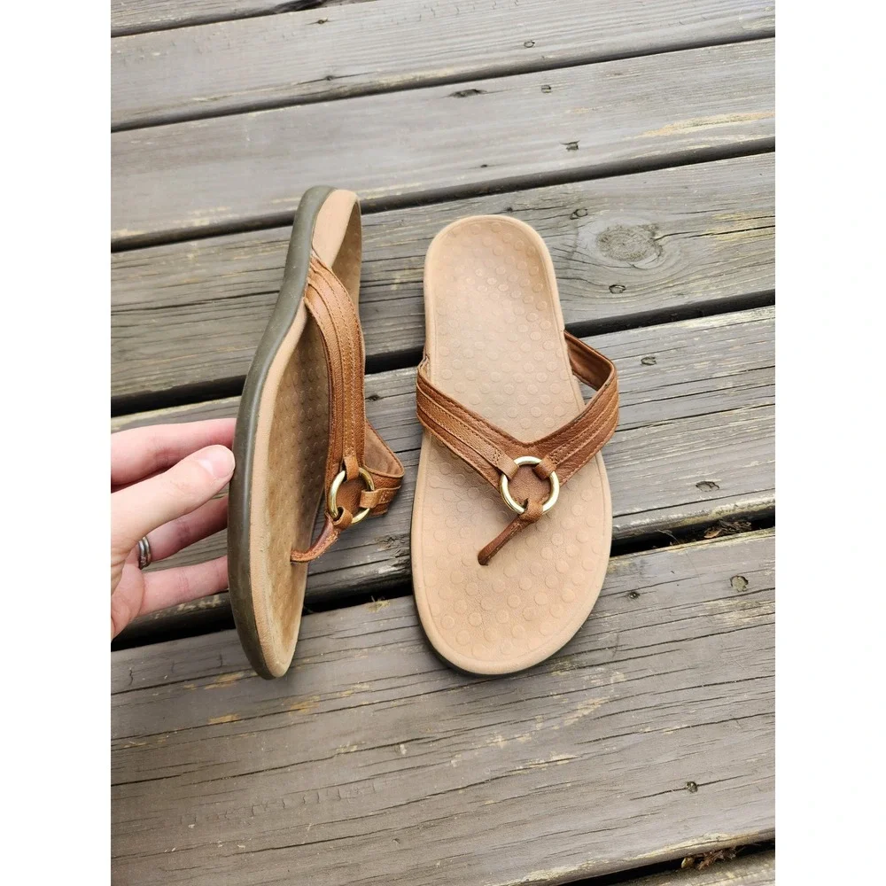 Vionic Aloe Thong Sandals Tan Leather Gold‎ Ring Orthopedic Size 11